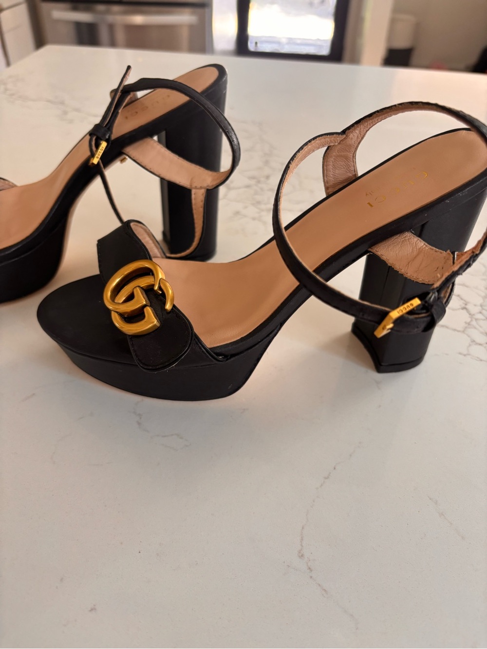 Gucci Black Platform Sandals with Gold Double G